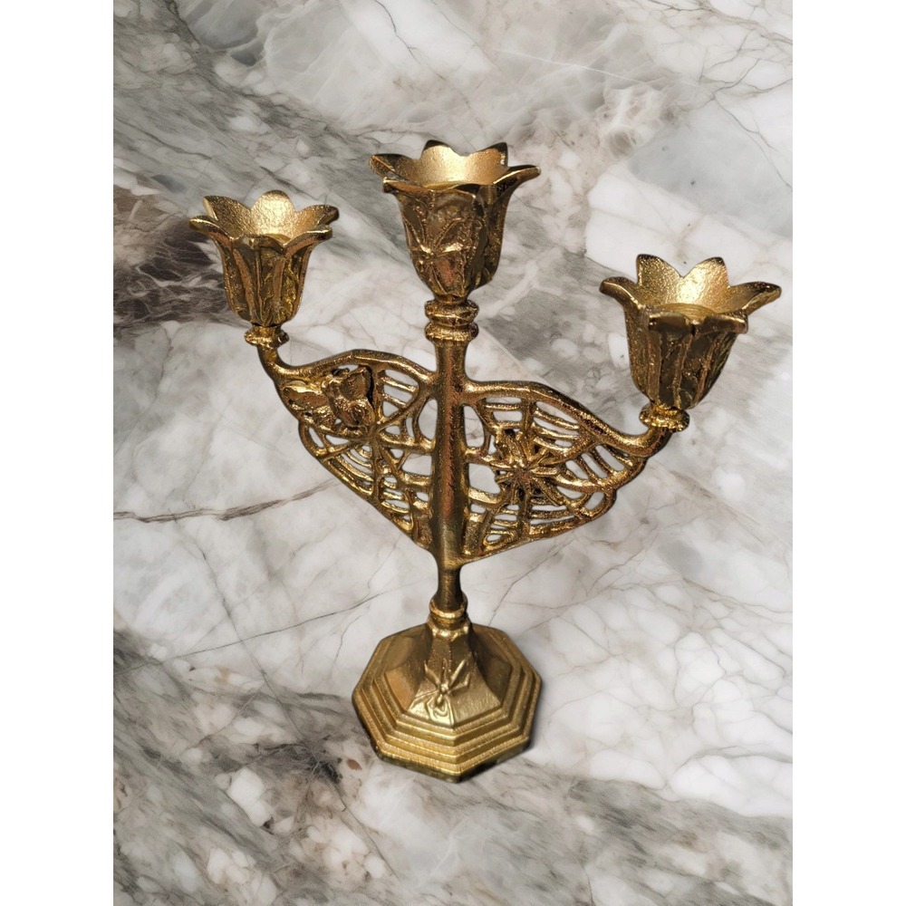 Gold Metal Gothic Victorian Spider Three Taper Candle Candelabra Halloween Decor